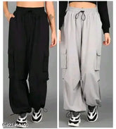 Black & Grey Lycra cargo jogger pants with four pockets, offering a utilitarian yet fashionable look for women